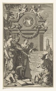 A justiça ensina as leis de Utrecht Costumen Usantien e policial da cidade de Utrecht (título no objeto) Página de título para Willem Van der Meulen, Costumen, usantien, policien ende style van literen, der Stadt Utrecht, 1709