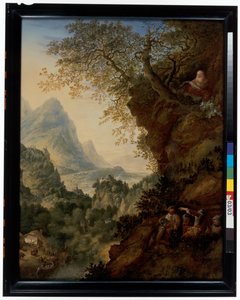 Uma paisagem da Renânia com um eremita e soldados