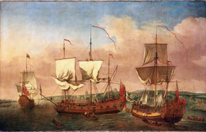 O navio "Peregrine" e outras embarcações reais, ao largo de Greenwich, cerca de 1710. Óleo sobre tela, cerca de 1710-1715, de Jan Griffier (1645-1718).