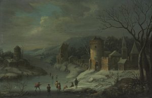 Paisagem de inverno, c. 1680-1718 (óleo sobre cobre, montado sobre madeira) de Jan Griffier