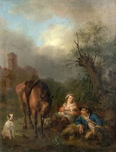 Paisagem com figuras, um cavalo e um cachorro