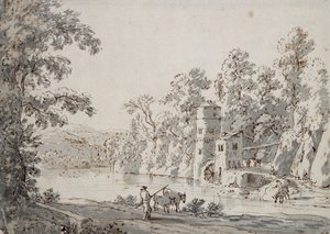 The Watermill by the Ford (caneta e tinta marrom e cinza no papel)