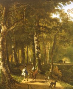 Viajantes em um caminho em uma paisagem arborizada
