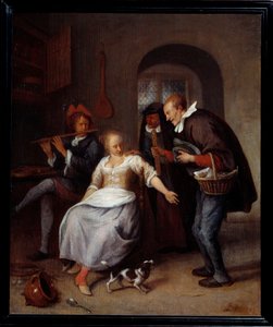 Um vendedor ambulante de pastelaria que se esquece. Pintura de Jan Steen (1626-1679) 1678 Sun. 0,35x0,3 m Rouen, Musee des Beaux Arts