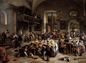 Festa numa estalagem Músicos, tocadores, homens e mulheres de pessoas que bebem - Pintura de Jan Havicksz (Havickszoon) Steen (1626-1679)