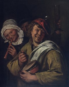 O Rommelpot: Interior com três figuras (óleo sobre painel) de Jan Havicksz. Steen
