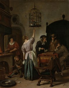 Interior com uma mulher alimentando um papagaio, conhecido como &39;The Parrot Cage&39;, c. 1660-70 (óleo sobre tela no painel) de Jan Havickszoon Steen