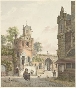 Muralha da cidade com torre e portão, vista de dentro de Jan Hendrik Verheijen