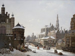 A Capriccio Vista de uma cidade com figuras em um canal congelado