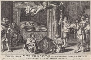 Paradebed van Prins Maurits, 1625
Effigies magni Mauritii Nassouii, arausionensium principis &c. defuncti Hagae-Comitis XXIII. Aprilis MDCXXV (título sobre o objecto) de Jan Hendriksz. Verstraelen