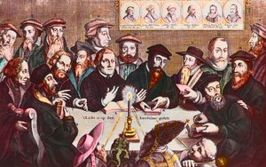 A luz é colocada no castiçal - Gravura de Jan HOUWENS mostrando Os reformadores - João Calvino e Martinho Lutero Reunião Imaginária de Líderes Reformistas: John Wyclif (ou Wycliff ou Wycliffe de Jan Houwens