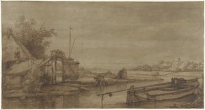 Vista do canal com casa de campo e barcaça atracada de Jan Hulswit (possibly)
