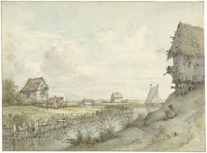 Paisagem fluvial com desenhador entre cabanas de Jan Hulswit