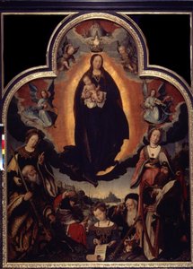 ""La Vierge en Gloire"" (A Glorificação da Virgem) Entre os personagens que cercam a Virgem e Jesus Cristo: Rei Davi tocando harpa, o imperador romano Augusto (Caius Julius Caesar Octavianus Augustus) (63 aC- 14 dC), profetas