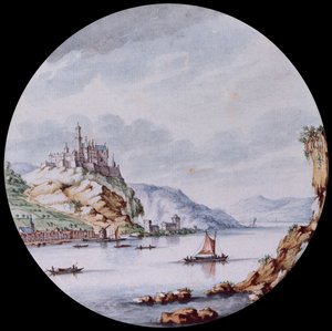 Uma vista ao longo do Reno com a Village St. Goar e o Castelo Rheinfels (chumbo preto, caneta, tinta cinzenta e aguarela)