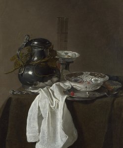 Natureza morta com um jarro de estanho e duas tigelas Ming, 1651 de Jan Jansz. Treck