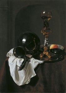 Natureza morta com copo de vinho e jarro de estanho de Jan Jansz. Treck