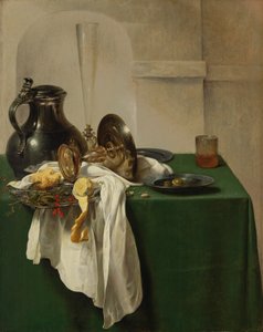Jarro de estanho e tazza de prata sobre uma mesa de Jan Jansz den Uyl