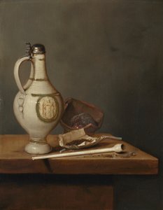 Natureza-morta com jarro de grés e cachimbo, meados da década de 1650 (óleo sobre painel) de Jan Jansz. van de Velde
