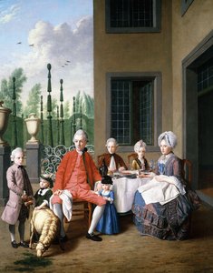 Retrato de grupo da família van den Bosch, jantar em uma casa, um jardim da topiaria além, 1777