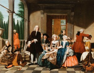Retrato de uma família jantando em um pórtico, um jardim formal além, 1747