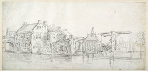 Um canal com edifícios, incluindo uma casa de portagem e uma ponte com portagem, c.1650 (giz preto sobre papel branco) de Jan Josefsz. van (circle of) Goyen