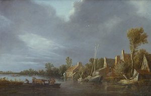 Uma Aldeia junto a um Rio com Camponeses e Gado num Ferry de Jan Josephsz van Goyen