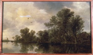Uma paisagem de rio arborizada, com camponeses em um barco a remo por uma cabana e uma balsa, um barco à vela ao longe, 1633