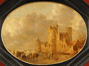 Patinadores em frente a um castelo medieval ... de Jan Josephsz van Goyen