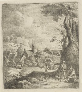 Paisagem com uma aldeia e dois homens junto a uma árvore de Jan Lauwryn Krafft (I) (attributed to)