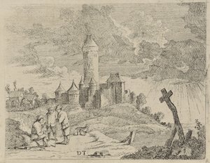 Paisagem com castelo e três homens de Jan Lauwryn Krafft (I) (possibly)