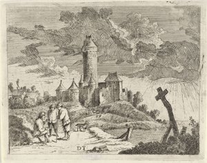 Paisagem com castelo e três homens de Jan Lauwryn Krafft (I) (possibly)