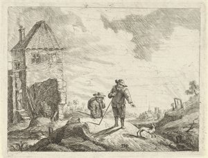 Dois fazendeiros com um cachorro em uma estrada rural de Jan Lauwryn Krafft (I) (possibly)