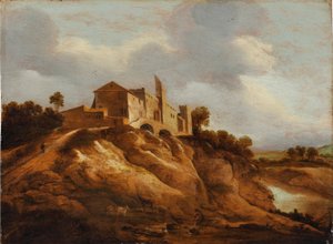 Uma paisagem rochosa com um castelo fortificado com vista para um rio de Jan Lievens