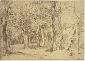 O interior de uma floresta, à direita um pintor está sentado diante do cavalete de Jan Lievens