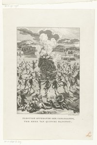 Os habitantes originais do Canadá sacrificam-se a Gitche Manitou
Oferta plebeia de canadianos, em honra de Quitchi Manitou (título sobre o objecto)
Religiões (título da série) de Jan Lucas van der Beek