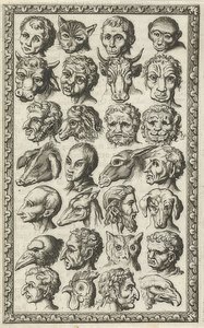 28 cabeças de humanos e animais (28 pares de van mensen end). 1682 de Jan Luyken