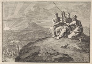 Aarão e Hur sustentam as mãos de Moisés durante a batalha do povo de Israel contra os amalequitas de Jan Luyken