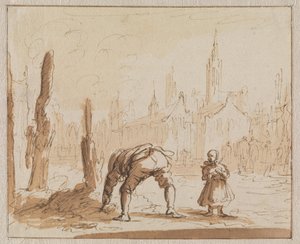 Adriaen Wens procura nas cinzas o parafuso bucal que fora aplicado à sua mãe em Antuérpia, em 1573 de Jan Luyken