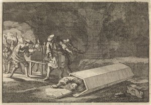 Os funerários em Roma vêem que Antonio Marlini, que tinham enterrado num cofre alguns dias antes, deve então ter estado aparentemente morto, 1696 de Jan Luyken