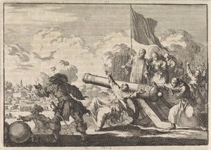 Cerco de Groningen durante o qual um canhão é abençoado por seis monges, 1672 de Jan Luyken