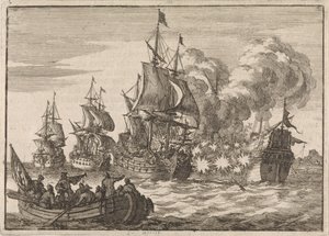 Perto de Valência, o almirante espanhol Papachino é atacado por três navios franceses sob o comando do almirante Tourville por não ter saudado com a rapidez suficiente, 1688 de Jan Luyken