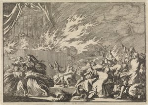 Incêndio de um barracão de madeira no qual se realiza uma representação teatral ao lado do castelo de Amelienborg em Copenhaga, 1689 de Jan Luyken