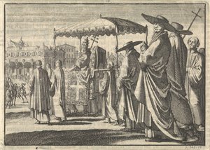 Christian IV, rei da Dinamarca, vestido como papa, imita uma procissão com seus cortesãos, 1596 de Jan Luyken