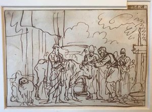 O touro é apresentado para a oferta pelo pecado, Aarão e os seus filhos colocam as mãos sobre a sua cabeça (Lev. 8,14) de Jan Luyken