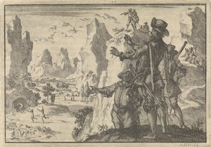 Espanhóis armados olham para pessoas inteiramente selvagens a partir de rochas, c. 1600 de Jan Luyken