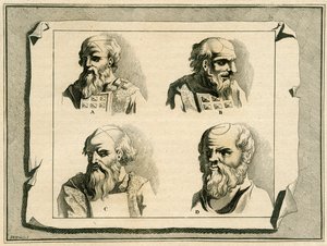 Letras gregas desenhadas na cabeça do Sumo Sacerdote como parte da unção de iniciação com óleo, 1700 de Jan Luyken