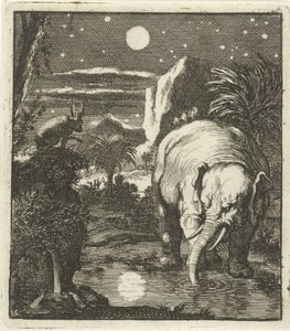 Lebre e elefante com lua cheia numa fonte de água de Jan Luyken