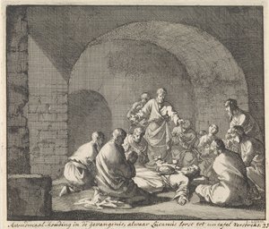 Santo Luciano celebra o jantar na prisão
Postura de comunhão numa prisão onde Lucianus fornece o peito a uma mesa (título sobre o objecto) de Jan Luyken