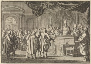 Reformado na Hungria perante um tribunal de bispos e outros romanistas, 1670 de Jan Luyken